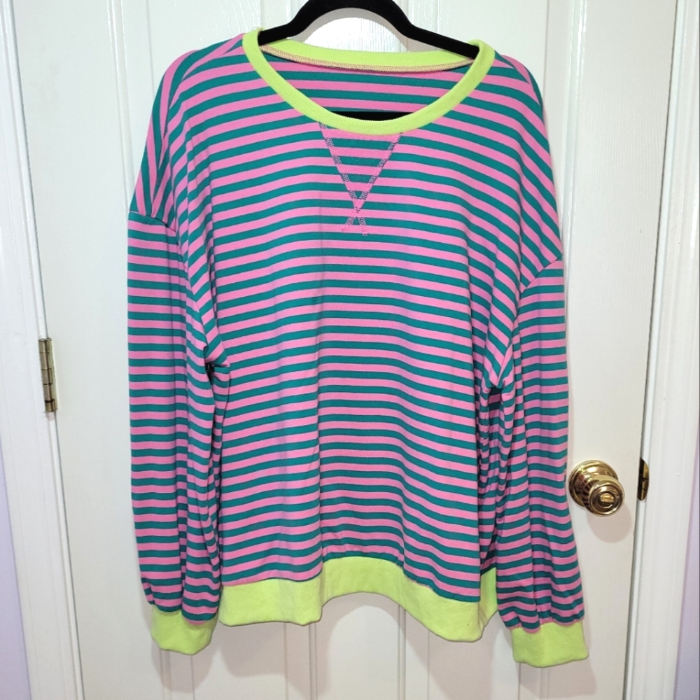 Trendy Striped Pink and Green Long Sleeve Top